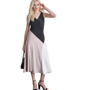 DKNY Asymmetrical Sleeveless Dress in Black, Gray, and Cream